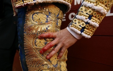 A bloodstained hand by a bull of Spanish matador Julian Lopez "El Juli" is seen after killing his second bull during a bullfight in Seville