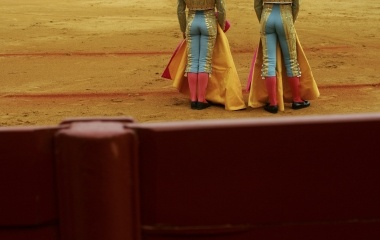 Spanish matador Luis Miguel Encabo and Serafin Martin stand during a bullfight in Seville
