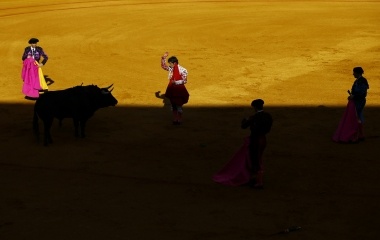 Spanish matador Abellan reacts after driving a sword into a bull during a bullfight in Seville, southern Spain
