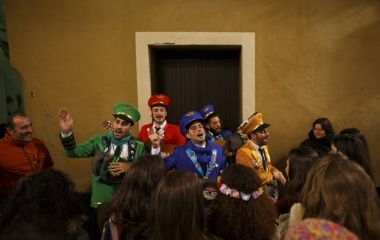 Revellers in fancy costumes sing on a street during the Carnival of Cadiz, southern Spain