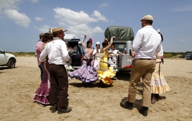 Pilgrims sing and dance on their way to the shrine of El Rocio in Donana National Park, southern Spain
