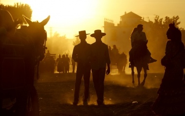Pilgrims are seen next to the shrine of El Rocio in the province of Huelva