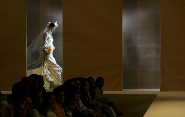 Model presents a weeding creations called Gitanas during a Weeding fair in Seville