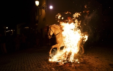 A man rides a horse through the flames during the "Luminarias" annual religious celebration on the night before Saint Anthony's, patron of animals, in the village of Alosno, southwest Spain