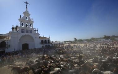 Pilgrims crowd around the Virgin of El Rocio during a procession around the shrine of El Rocio in Almonte, southern Spain