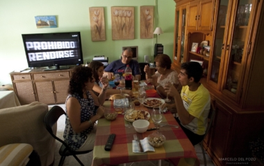 Jose Manuel Abel, 46, has lunch with his wife Oliva Santos, 45, daughter Claudia, 13, son Jose Manuel, 16 and mother Carmen Herrera, 71, the day before departing to Munich in Chipiona