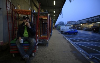 Jose Manuel Abel, 47, has breakfast during a break in his work day in Munich
