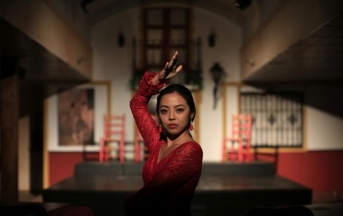 Japanese learner of flamenco song and dance, Maika Kubo, 24, poses before taking part in a private performance in Seville