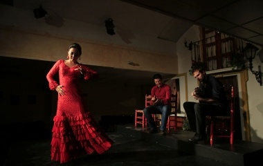 Japanese learner of flamenco song and dance, Maika Kubo, 24, performs with Edu Hidalgo, 27, and Liam Howarth, 25, during a private performance in Seville
