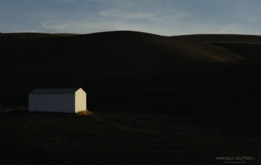 A warehouse is pictured on a field near the white village of Setenil de las Bodegas, southern Spain