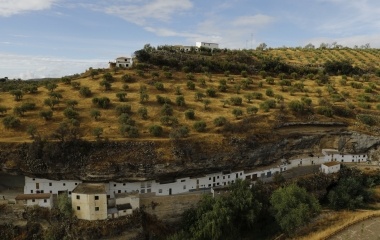 Houses are seen in the white village of Setenil de las Bodegas, southern Spain