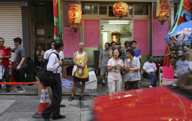 People gather on a street for the Halloween party in the Soho district in Hong Kong