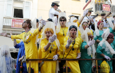 Revellers in fancy costumes perform during the Carnival of Cadiz, southern Spain