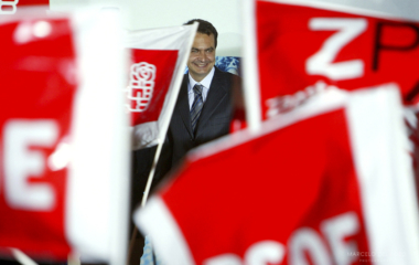 SPANISH SOCIALIST PARTY LEADER ZAPATERO CELEBRATES SOCIALIST PARTY WIN IN MADRID.