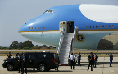 U.S President Obama waves as he arrives aboard Air Force One at the Rota naval airbase, near Cadiz