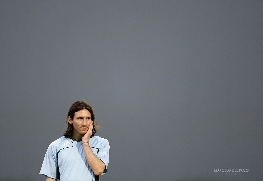 Argentina's player Messi attends a soccer training session during the Beijing 2008 Olympic Games