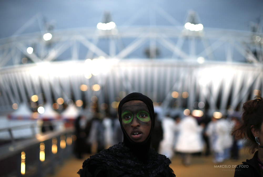 A performer is seen before the start of the 2012 Olympic Games opening ceremony in the Olympic Stadium at the Olympic Park in London