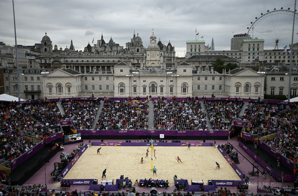 General view shows the Horse Guards Parade during the women's beach volleyball semifinal match between China's Xue and Zhang and May-Treanor and Jennings of the U.S. during the London 2012 Olympic Games
