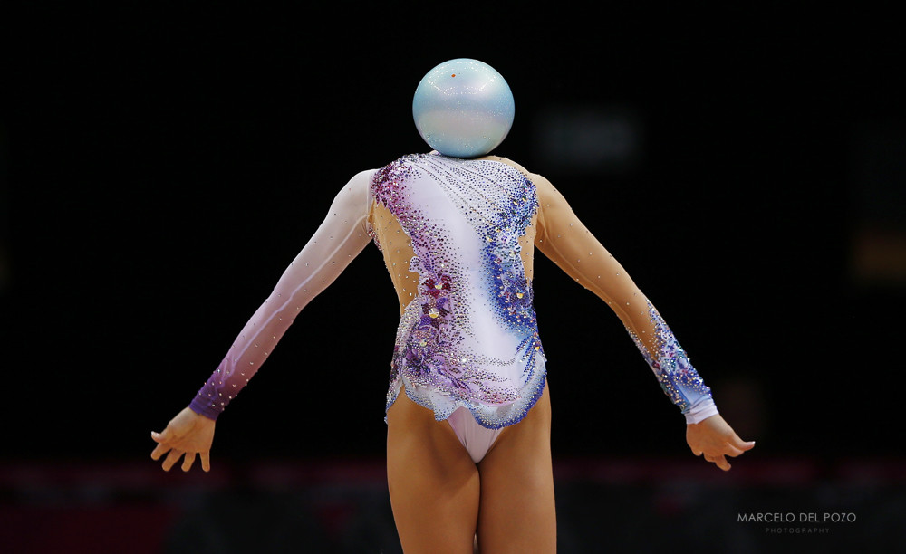 Bulgaria's Silviya Miteva competes using the ball in the individual all-around rhythmic gymnastics final at the London 2012 Olympic Games