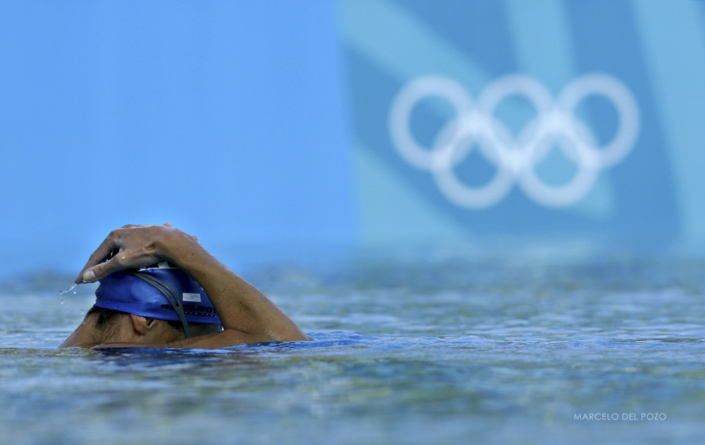 Synchronised swimmer from Greece takes part in a training session in the Olympic aquatic centre in Athens.