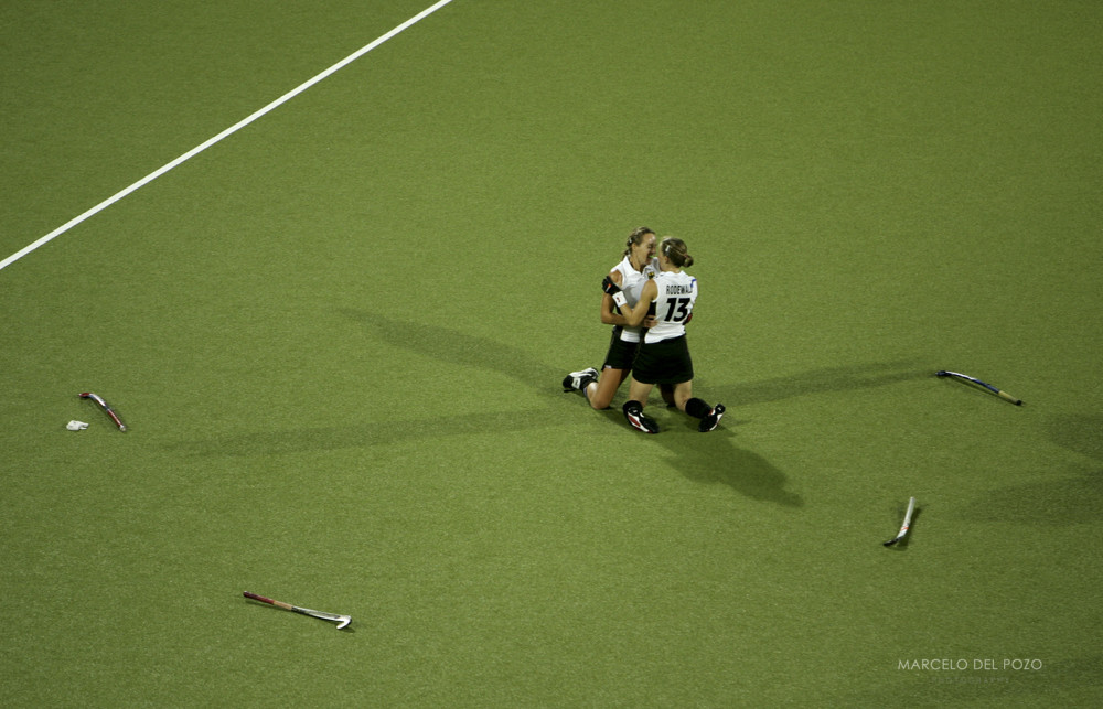 Germans players Ersting Krienki and Rodewald celebrate after winning women's field hockey final ...