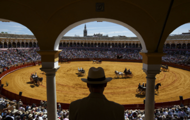 A man watches a carriages exhibition in The Maestranza bullring of the Andalusian capital of Seville